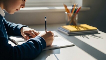 Child writing in notebook with pencil near window with copy space