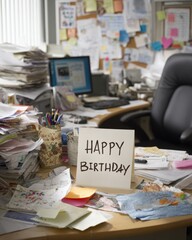 Chaotic Workspace with Lone "Happy Birthday" Card - Creative Mess on Desk