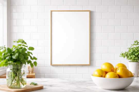 Blank vertical poster frame mockup hanging on white subway tile wall in modern kitchen with blurred herbs and lemons on marble counter