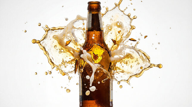 Brown beer bottle exploding with glass shards and splash