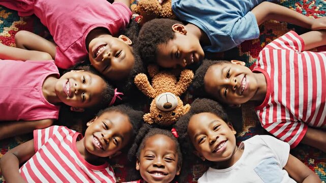Children lying in circle on patterned rug
