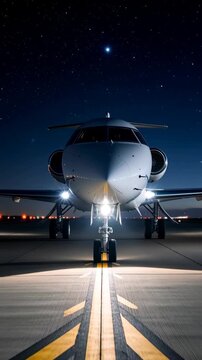 Private jet parked on airport runway with runway lights, awaiting takeoff under a clear night sky with bright stars gleaming overhead