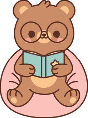 Fototapeta premium Bear Reading Book On Beanbag Cartoon