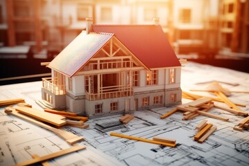 Scale model of a house existing on architectural blueprints with wood material pieces