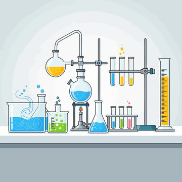 Chemistry Lab Equipment Setup with Bubbling Liquids and Colorful Solutions