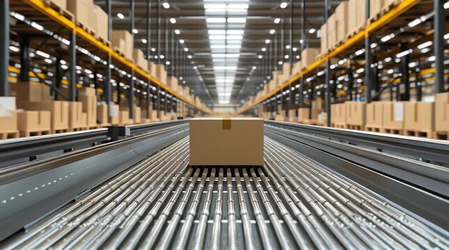 A cardboard box on a moving roller conveyor in a warehouse with rows of racks and boxes. Logistics and sorting and shipping processes.