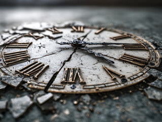 Cracked vintage clock face with roman numerals lying broken on a weathered surface symbolizing the passage of time and decay in close-up detail