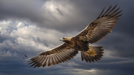 Obraz premium Powerful Eagle with Wings Spread Wide Flying Under an Overcast Sky