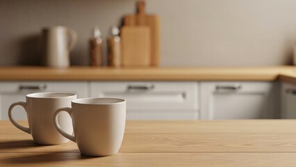 Fototapeta premium Two white coffee mugs on a wooden kitchen table with copy space