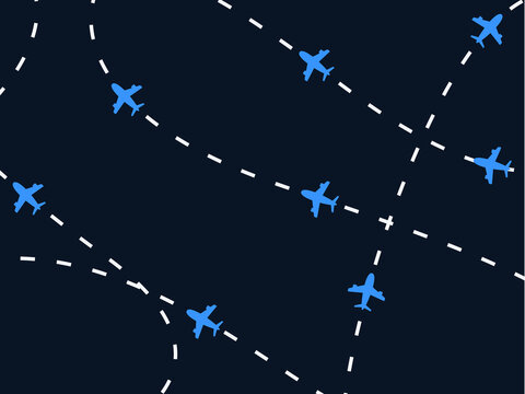 Airplane flight path background. Air travel background design with flight path pattern. Modern airplane travel pattern vector illustration. Flight route vector illustration. Airplane on dashed line