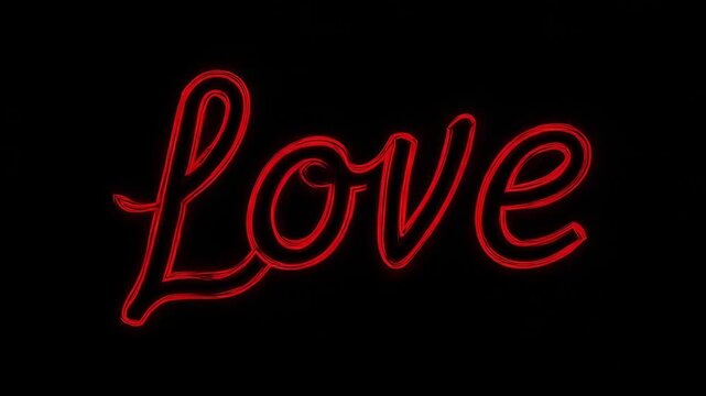 Red neon cursive love text glowing on black background, romantic sign for Valentine's Day and love concept