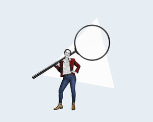 A young woman with a big magnifying glass. Isolated free search area. Searching for information on the internet concept.