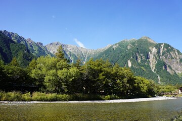 北アルプス　上高地から望む穂高岳と梓川