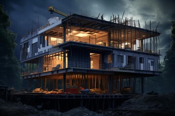 Construction site with visible scaffolding and bright interior lights under a dark sky