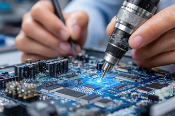 Technician repairing electronic circuit board with probe