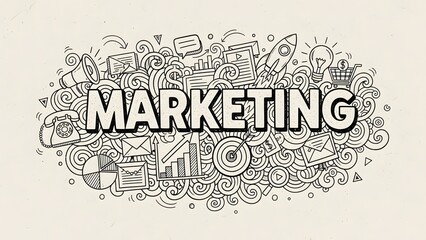 A detailed doodle illustration showcasing various aspects of marketing strategy and business development
