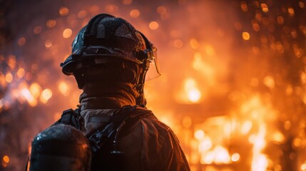 Firefighter battling large structure fire emergency scene