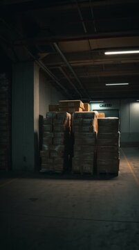 Moving through a quiet warehouse with stacked boxes and dim overhead lights