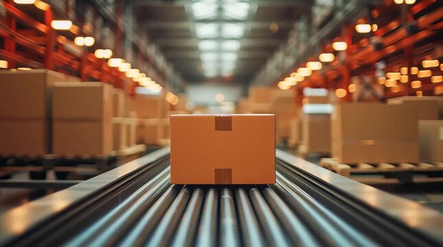A cardboard box on a moving roller conveyor in a warehouse with rows of racks and boxes. Logistics and sorting and shipping processes.