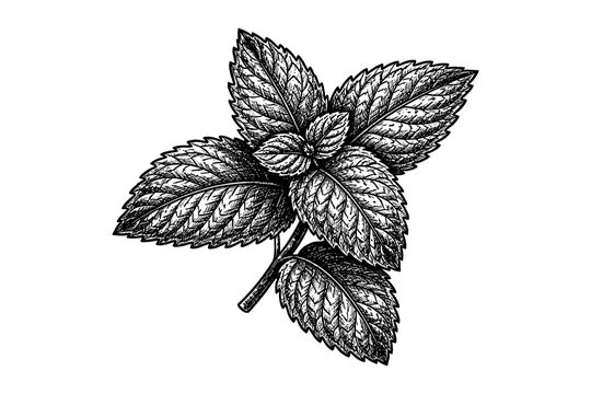 Detailed botanical drawing of mint leaves on white background