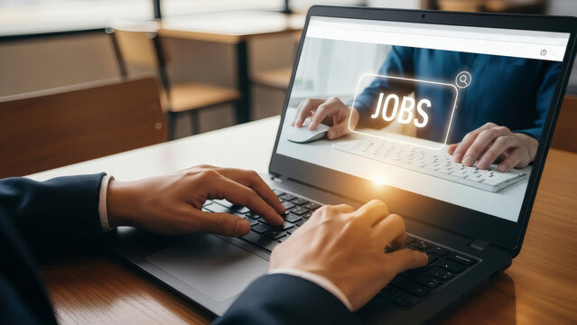 Professional hands typing on a modern laptop, screen displaying a glowing 'JOBS' search bar; symbolizing digital career exploration, online recruitment, employment technology, and remote job seeking o - Powered by Adobe