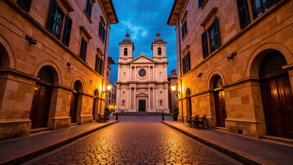 Fototapeta premium Beautiful evening view of historic church framed by elegant buildings, showcasing cobblestone streets and warm streetlights