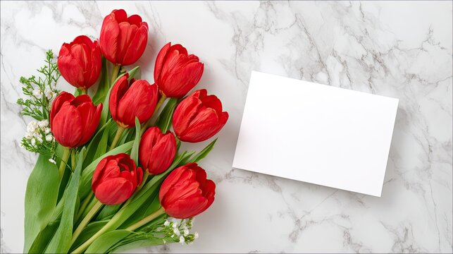Red tulip bouquet with white flowers and blank card on marble background for message greeting or gift - Powered by Adobe