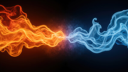 Dynamic flames in orange and blue swirl together, creating striking contrast against dark background, evoking sense of energy and movement