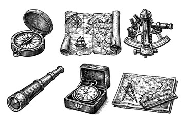 Vintage nautical tools: compass, sextant, telescope, maps in engraving style