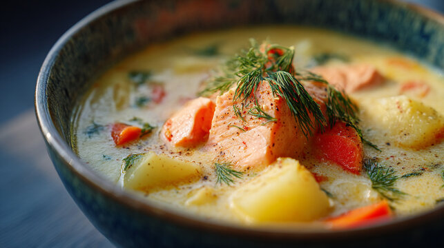 Creamy Finnish Salmon Soup with Potatoes Dill and Carrots