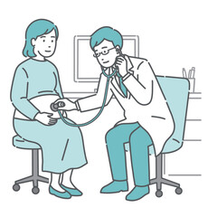 聴診器で妊婦のお腹の音を聞く男性医師（白衣・産婦人科・妊婦健診）