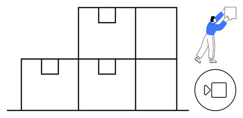 Warehouse management. Worker organizing stacked boxes, enhancing efficient inventory management. Warehouse solutions for logistics, storage systems, supply chain, and packaging optimization