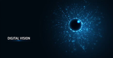 Big data visualization, computer vision AI concept. Abstract digital eye. Neural network technology, futuristic biometrics background, Sci-Fi Innovation Vector Illustration for Tech Design.