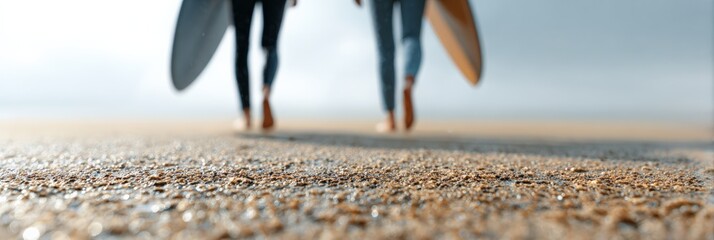 Two surfers are walking barefoot on the beach carrying their surfboards after a surfing session, enjoying the sunny day and the beautiful beach