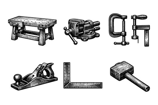 Vintage woodworking tools: bench, vise, clamps, and more in retro style
