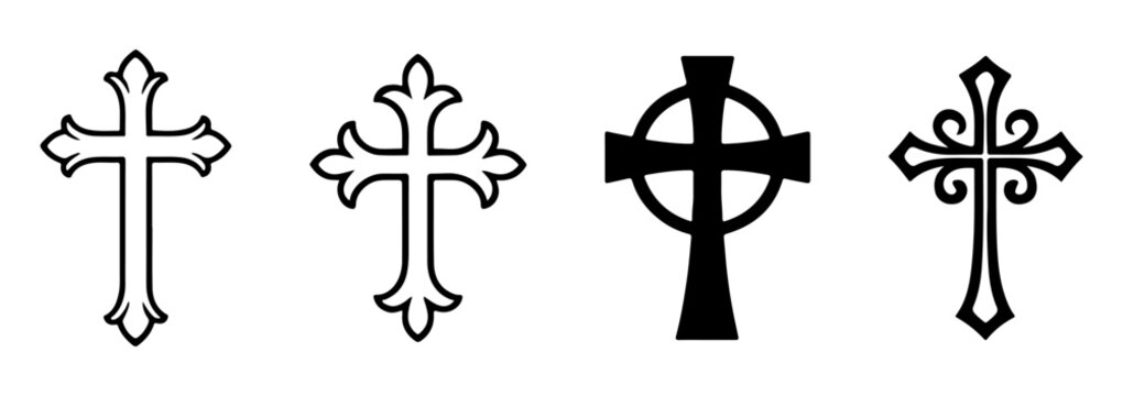 Collection of outline crosses from bold Celtic to simple geometric forms. Black and white set vector illustration outline