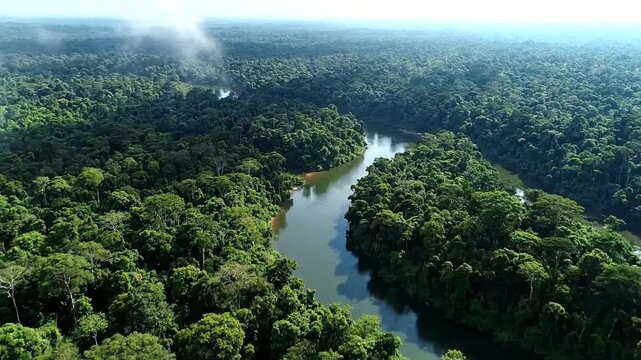 Aerial view of a winding river flowing through a dense green rainforest canopy.