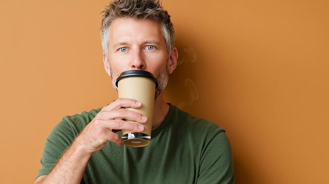 Smiling middle-aged man holding coffee cup against orange wall