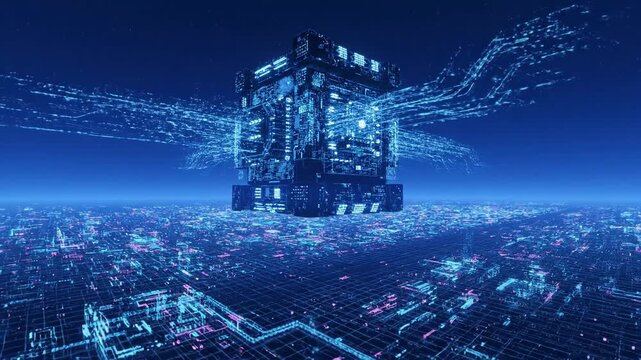 Futuristic cube structure floating above a digital city, illuminated with neon lights and complex circuitry.