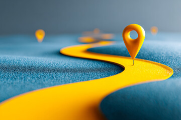 Yellow winding path with multiple location markers on a textured blue surface symbolizing navigation and journey progress in concept mapping