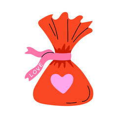 Cute illustration of a red candy with a pink heart and ribbon. Sweet, romantic design perfect for Valentine&rsquo;s Day, love themes, stickers, greeting cards, and playful digital projects. Isolated vector