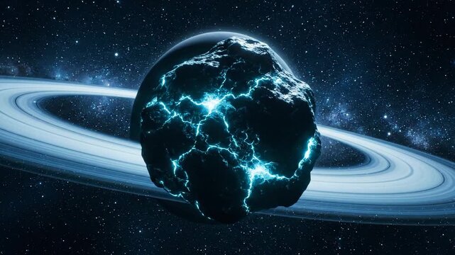 Dramatic space scene featuring a glowing asteroid with a ringed planet in the background.
