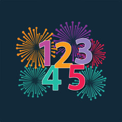 Vibrant numbers one through five surrounded by colorful fireworks on a dark background