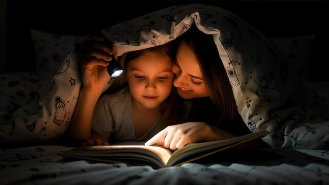 Woman and girl reading book with flashlight in bed. Mother and daughter storytelling bonding moment. Link of generations footage.
