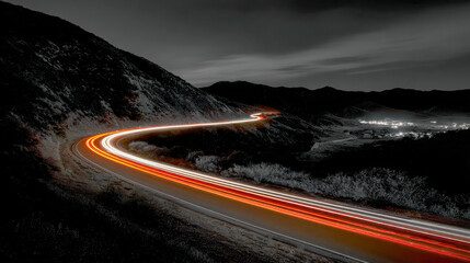 Winding mountain road illuminated by vibrant vehicle light trails at night with distant town lights glowing under a cloudy dark sky in a dramatic landscape scene