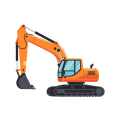 Orange excavator on tracks, construction vehicle illustration, isolated on white background