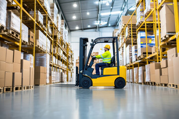 Forklift operator managing warehouse inventory in a well-organized industrial storage facility