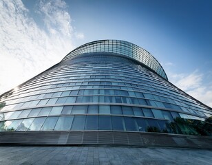 modern curved glass building exterior with reflective floor