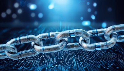 a close up of a metallic chain link featuring a digital circuit pattern symbolizing blockchain or digital security connections