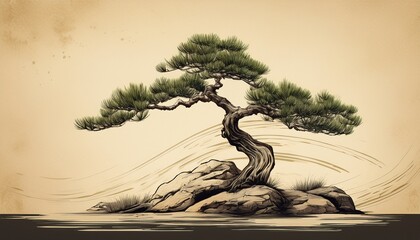 single wind swept pine tree on rocky ground against vintage textured beige background minimal japanese zen style composition generative ai